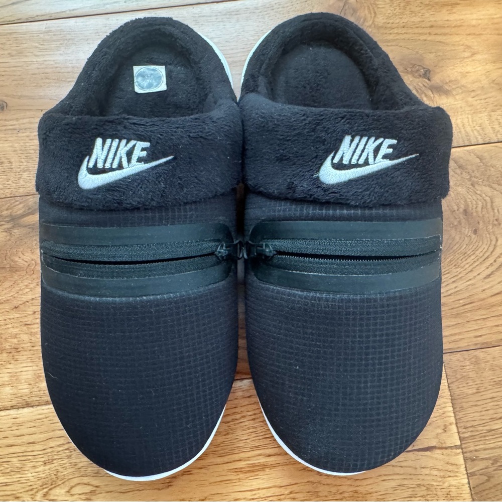 Nike Black Slip-On Fleece Slippers with White Swoosh